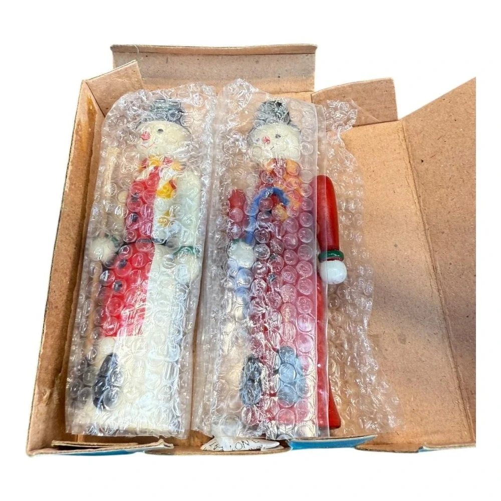 Vintage Wooden Snowmen Candle Holders w Box Christmas Decor